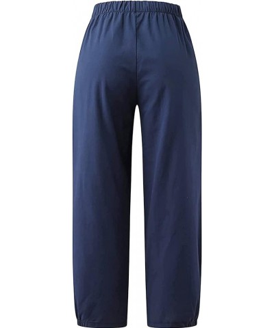 Women's Summer Capri Pants Elastic High Waist Drawstring Wide Leg Cotton Linen Work Pants with Pockets Blue $13.74 Pants