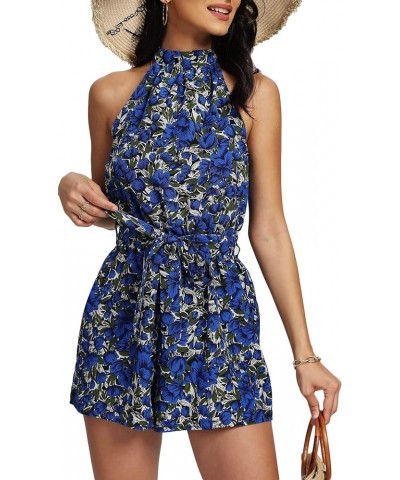 Women's Floral Print Halter Neck Tie Back Belt Sleeveless Romper Short Jumpsuit Blue $17.39 Jumpsuits