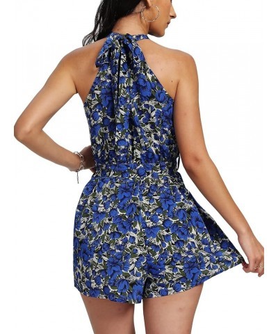 Women's Floral Print Halter Neck Tie Back Belt Sleeveless Romper Short Jumpsuit Blue $17.39 Jumpsuits