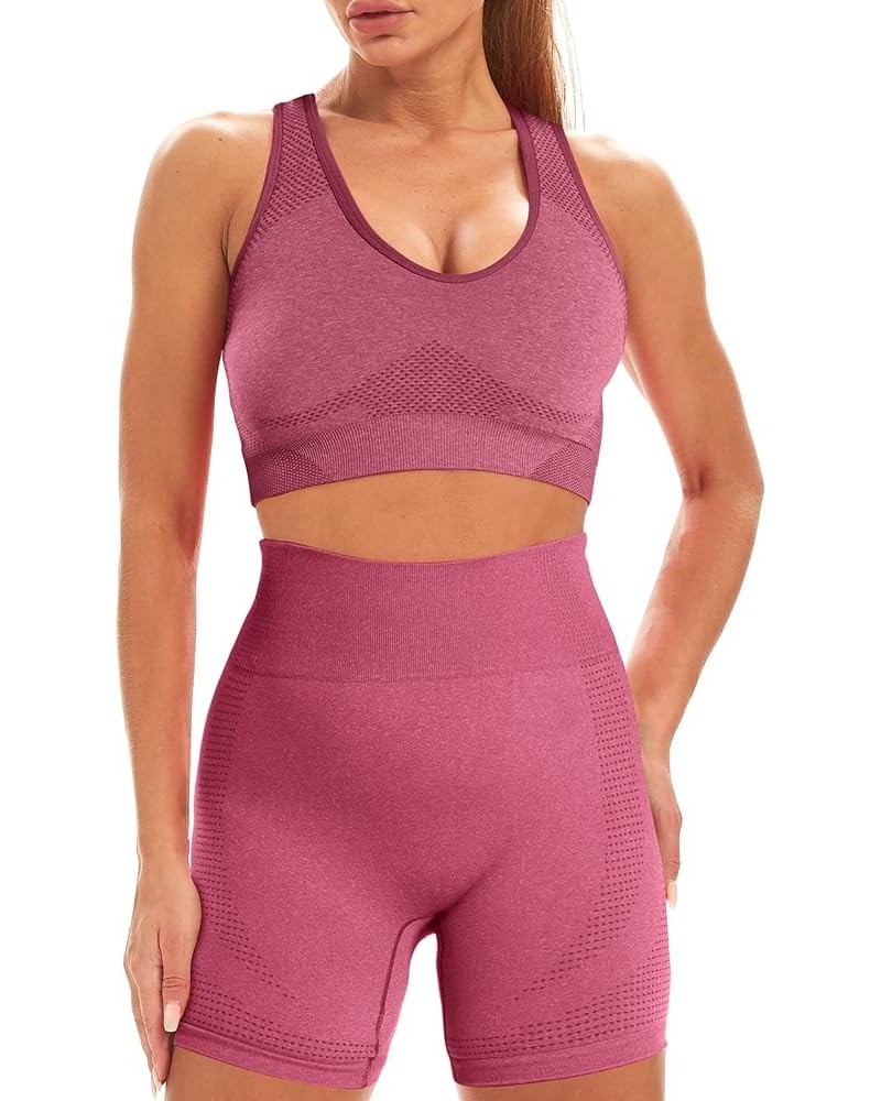 Workout Sets for Women 2 Piece Seamless High Waist Gym Shorts+Sports Bra Yoga Outfits Red Wine Marl $12.71 Activewear