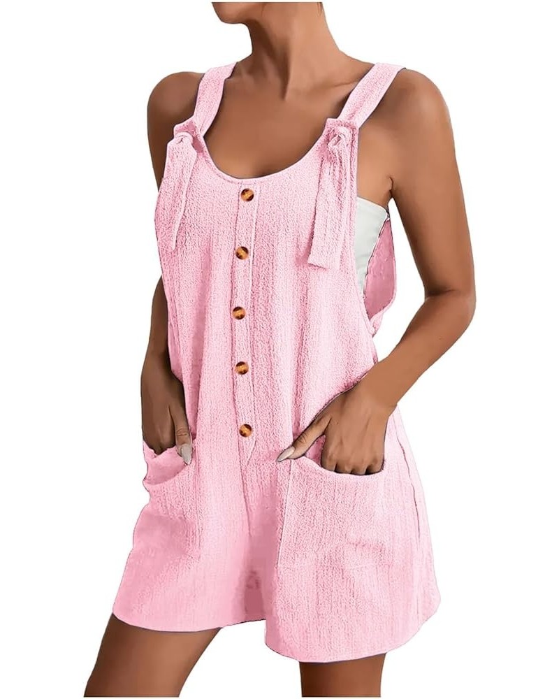 Women Romper Shorts with Pockets 2024 Summer Overalls Sleeveless Jumpsuit Button Jumper Casual Rompers Beachwear A1-pink $12....