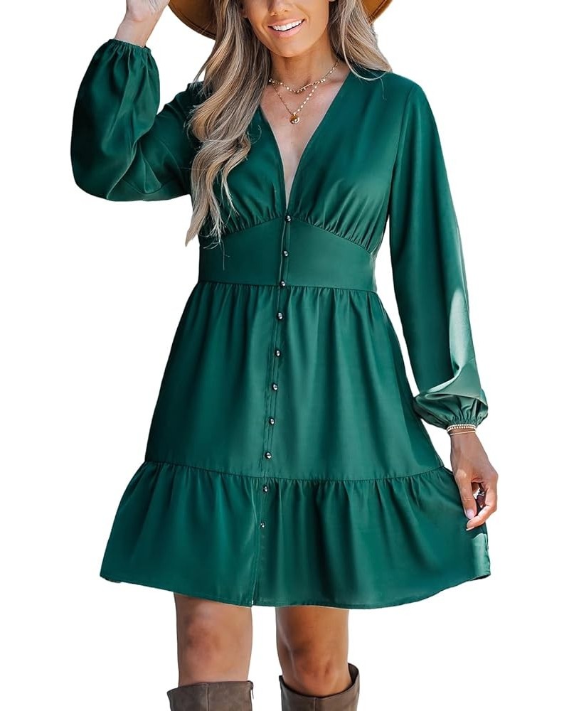 Women's Plunging V Neck Satin Long Sleeve Button Pleated Mini Dress Ruffled Hem Casual A Line Short Dress Green $20.10 Dresses