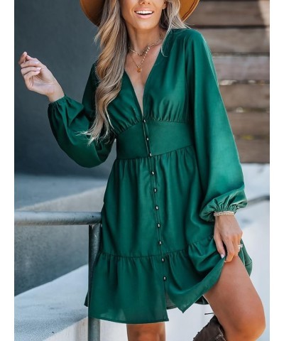 Women's Plunging V Neck Satin Long Sleeve Button Pleated Mini Dress Ruffled Hem Casual A Line Short Dress Green $20.10 Dresses