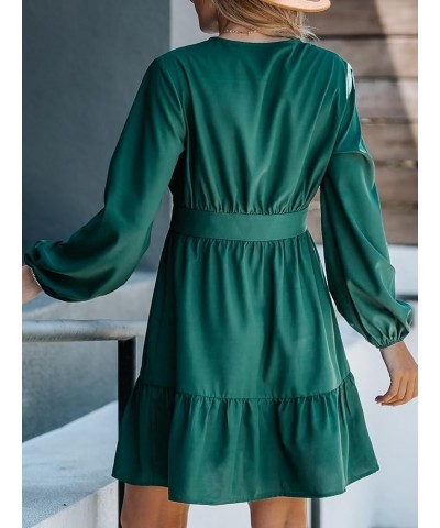 Women's Plunging V Neck Satin Long Sleeve Button Pleated Mini Dress Ruffled Hem Casual A Line Short Dress Green $20.10 Dresses