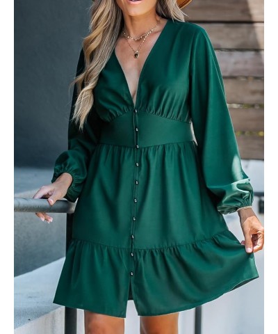 Women's Plunging V Neck Satin Long Sleeve Button Pleated Mini Dress Ruffled Hem Casual A Line Short Dress Green $20.10 Dresses