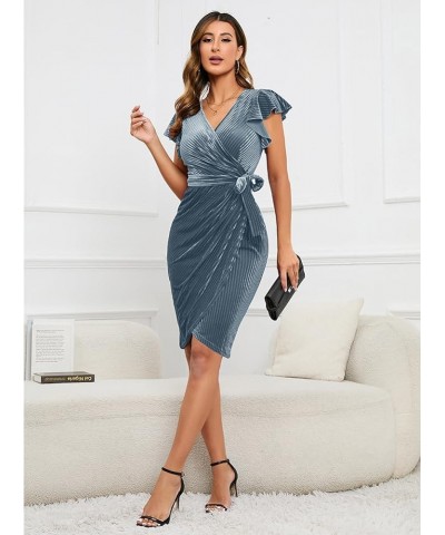 Womens Deep V Neck Ruffle Sleeve Velvet Sheath Cocktail Party Wedding Club Faux Wrap Dresses Velvet-grey Blue $20.58 Dresses