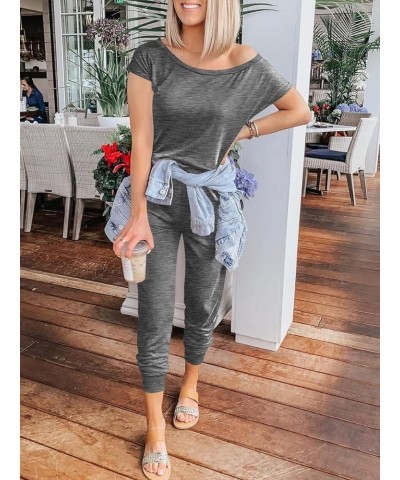 Women's Loose Summer Casual Off Shoulder Elastic Waist Stretchy Long Romper Jumpsuit 01-dark Gray $20.09 Jumpsuits