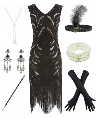 Women 1920S V Neck Sequined Beaded Gatsby Flapper Dress with 20s Accessories Set Style 3 Black $20.35 Sets