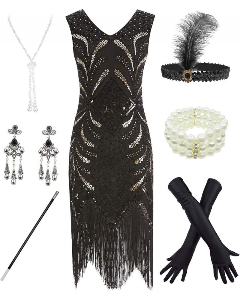 Women 1920S V Neck Sequined Beaded Gatsby Flapper Dress with 20s Accessories Set Style 3 Black $20.35 Sets