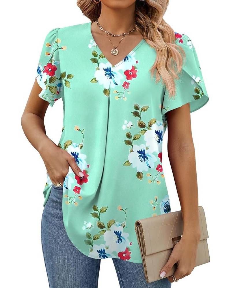 Women's Summer Tops Short Sleeve Dressy Chiffon Blouses V Neck Work Tunic Tops Casual Loose T-Shirts Mint Green $12.76 Tops