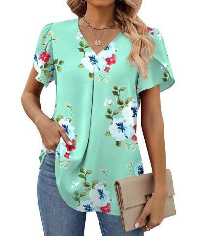 Women's Summer Tops Short Sleeve Dressy Chiffon Blouses V Neck Work Tunic Tops Casual Loose T-Shirts Mint Green $12.76 Tops