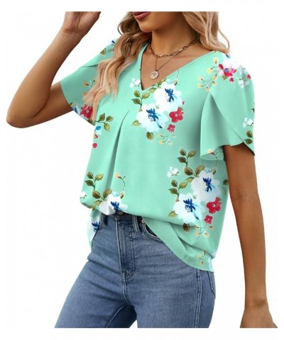 Women's Summer Tops Short Sleeve Dressy Chiffon Blouses V Neck Work Tunic Tops Casual Loose T-Shirts Mint Green $12.76 Tops