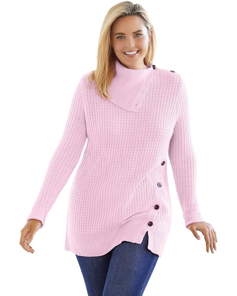 Women's Plus Size Button-Neck Waffle Thermal Knit Sweater Pullover Pink $23.56 Sweaters