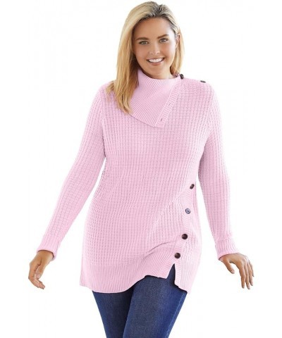 Women's Plus Size Button-Neck Waffle Thermal Knit Sweater Pullover Pink $23.56 Sweaters