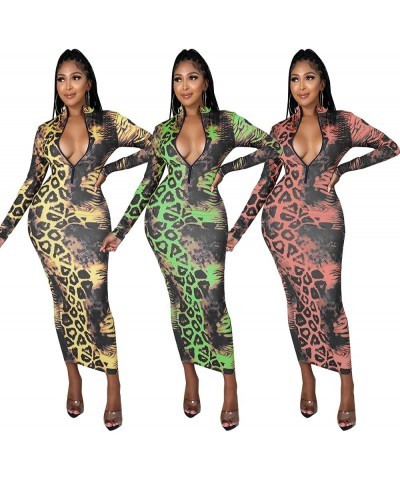 Women's Dresses Fall Long Sleeve Snake Printed Zipper Neck Knit Bodycon Evening Party Long Dress S9-yellow $16.84 Dresses