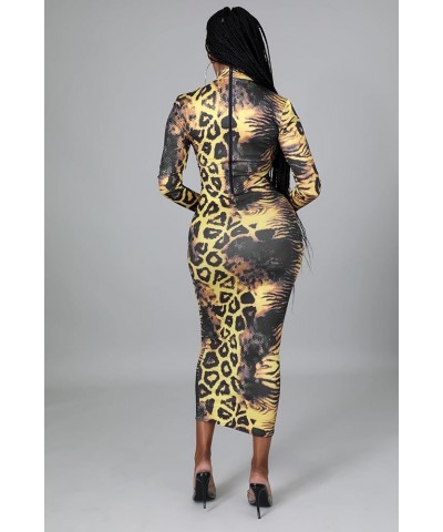 Women's Dresses Fall Long Sleeve Snake Printed Zipper Neck Knit Bodycon Evening Party Long Dress S9-yellow $16.84 Dresses