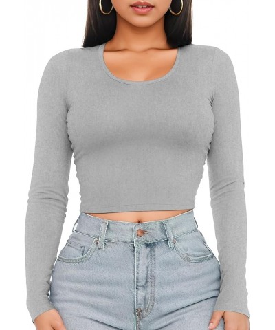 Womens Long Sleeve Crop Top Scoop Neck Sexy Slim Fitted Casual Base Layer Lightweight Soft Workout Shirt Going Out Tops Grey ...