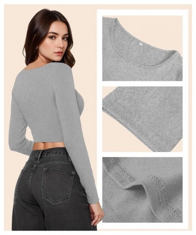 Womens Long Sleeve Crop Top Scoop Neck Sexy Slim Fitted Casual Base Layer Lightweight Soft Workout Shirt Going Out Tops Grey ...