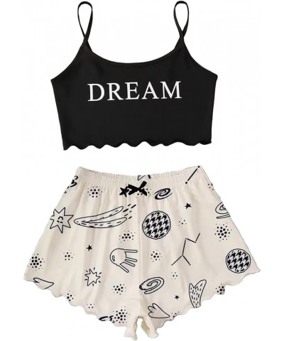 Women's Cartoon Print Lettuce Trim Cami Top and Shorts Cute Pajama Set Sleepwear Black Beige Moon Star $9.86 Sleep & Lounge