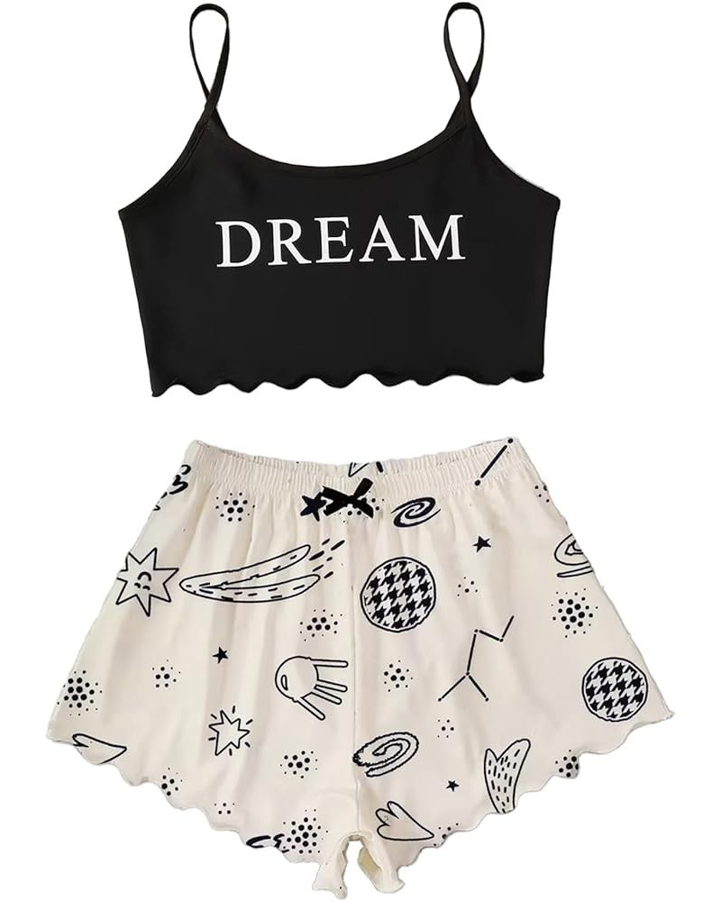 Women's Cartoon Print Lettuce Trim Cami Top and Shorts Cute Pajama Set Sleepwear Black Beige Moon Star $9.86 Sleep & Lounge