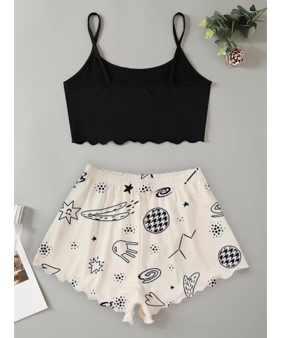 Women's Cartoon Print Lettuce Trim Cami Top and Shorts Cute Pajama Set Sleepwear Black Beige Moon Star $9.86 Sleep & Lounge