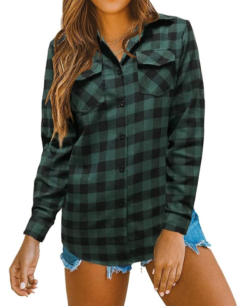 Womens Casual Cuffed Long Sleeve Boyfriend Button Down Plaid Flannel Shirt Tops Green $14.35 Blouses