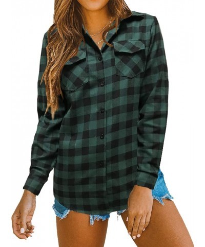 Womens Casual Cuffed Long Sleeve Boyfriend Button Down Plaid Flannel Shirt Tops Green $14.35 Blouses