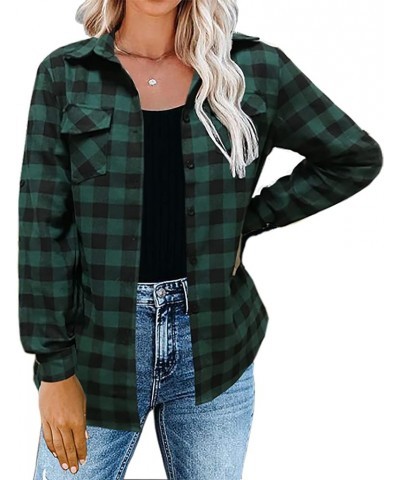 Womens Casual Cuffed Long Sleeve Boyfriend Button Down Plaid Flannel Shirt Tops Green $14.35 Blouses