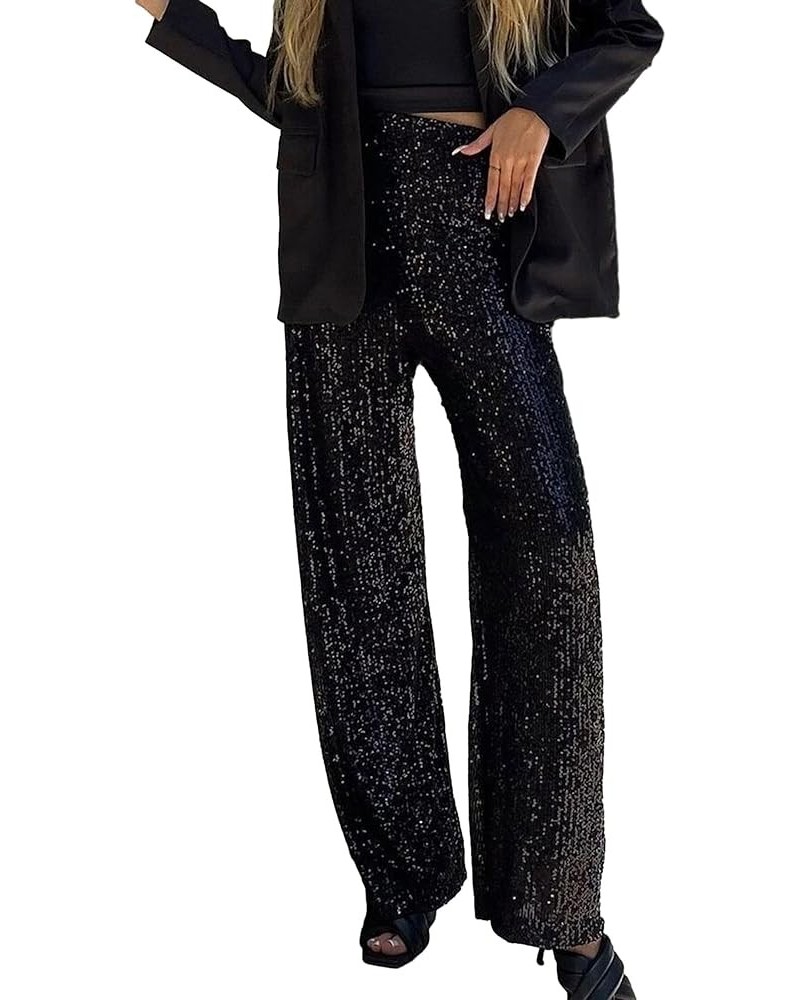 Womens Glitter High Waist Wide Leg Sparkle Sequin Bling Elastic Straight Flare Bell Loose Shiny Pants Glitter-black $13.67 Pants