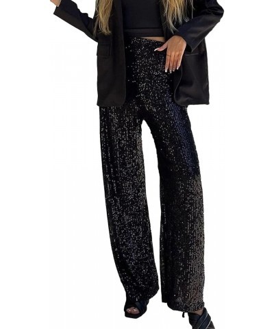 Womens Glitter High Waist Wide Leg Sparkle Sequin Bling Elastic Straight Flare Bell Loose Shiny Pants Glitter-black $13.67 Pants