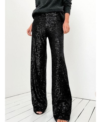 Womens Glitter High Waist Wide Leg Sparkle Sequin Bling Elastic Straight Flare Bell Loose Shiny Pants Glitter-black $13.67 Pants