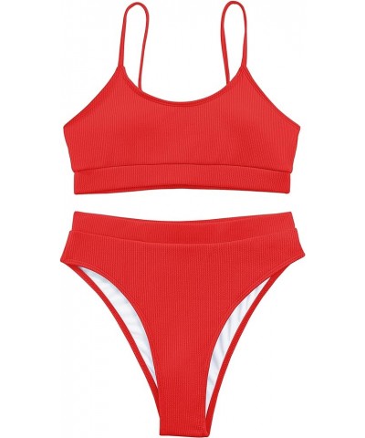 Ribbed Tummy Control 2 Piece Swimsuit High Waisted Bikini Set Cheeky Solid Color Bright Red $15.36 Swimsuits