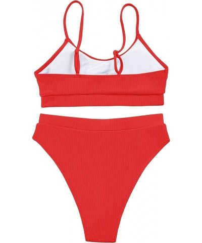 Ribbed Tummy Control 2 Piece Swimsuit High Waisted Bikini Set Cheeky Solid Color Bright Red $15.36 Swimsuits