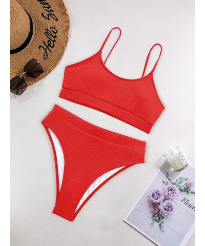 Ribbed Tummy Control 2 Piece Swimsuit High Waisted Bikini Set Cheeky Solid Color Bright Red $15.36 Swimsuits