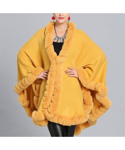 Women Solid Color Faux Fox Fur Cloak Knit Poncho large Cape Winter Shawl Coat Yellow $28.71 Coats