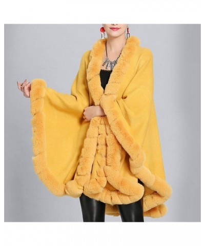 Women Solid Color Faux Fox Fur Cloak Knit Poncho large Cape Winter Shawl Coat Yellow $28.71 Coats