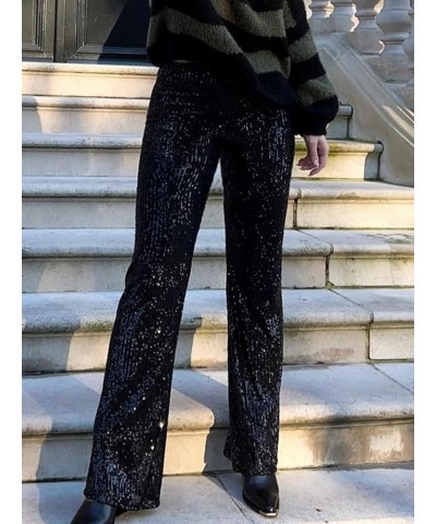 Womens Glitter High Waist Wide Leg Sparkle Sequin Bling Elastic Straight Flare Bell Loose Shiny Pants Glitter-black $13.67 Pants