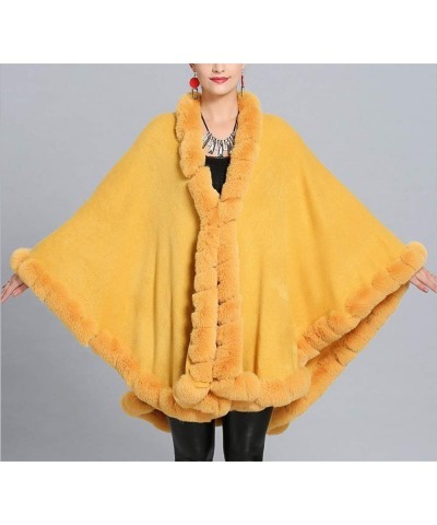 Women Solid Color Faux Fox Fur Cloak Knit Poncho large Cape Winter Shawl Coat Yellow $28.71 Coats