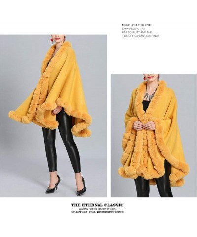 Women Solid Color Faux Fox Fur Cloak Knit Poncho large Cape Winter Shawl Coat Yellow $28.71 Coats