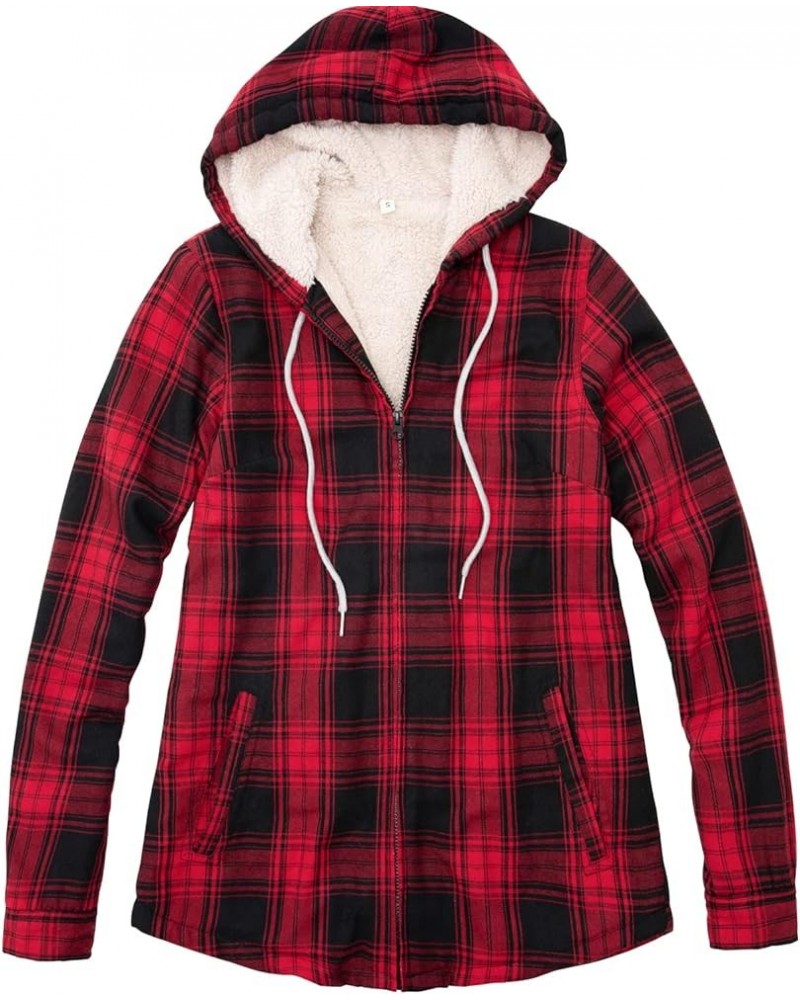 Womens Sherpa Lined Flannel Jacket Full Zip Up Hooded Flannel Plaid Shirt Jacket with Side Pockets Red $11.00 Tops