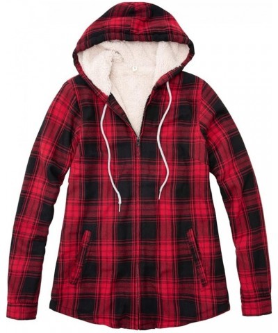 Womens Sherpa Lined Flannel Jacket Full Zip Up Hooded Flannel Plaid Shirt Jacket with Side Pockets Red $11.00 Tops