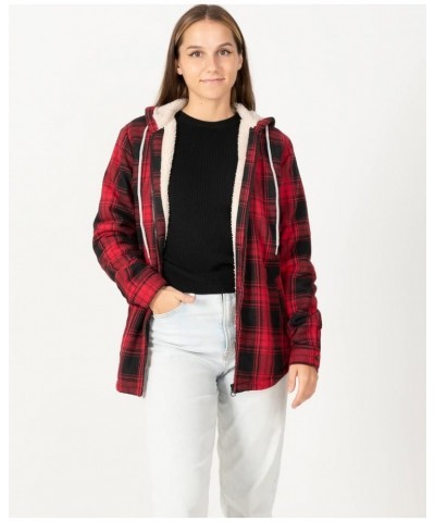 Womens Sherpa Lined Flannel Jacket Full Zip Up Hooded Flannel Plaid Shirt Jacket with Side Pockets Red $11.00 Tops