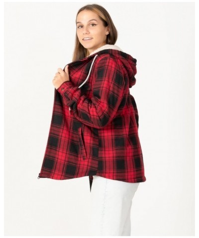 Womens Sherpa Lined Flannel Jacket Full Zip Up Hooded Flannel Plaid Shirt Jacket with Side Pockets Red $11.00 Tops