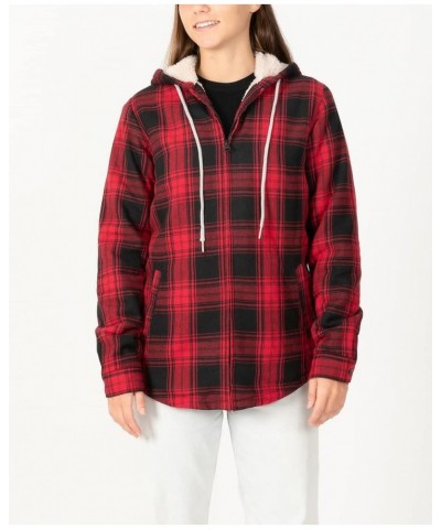 Womens Sherpa Lined Flannel Jacket Full Zip Up Hooded Flannel Plaid Shirt Jacket with Side Pockets Red $11.00 Tops