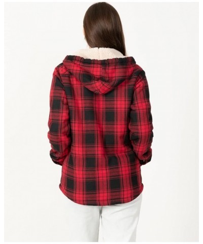 Womens Sherpa Lined Flannel Jacket Full Zip Up Hooded Flannel Plaid Shirt Jacket with Side Pockets Red $11.00 Tops