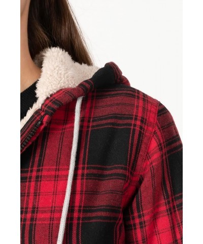 Womens Sherpa Lined Flannel Jacket Full Zip Up Hooded Flannel Plaid Shirt Jacket with Side Pockets Red $11.00 Tops