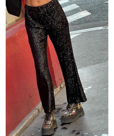 Womens Glitter High Waist Wide Leg Sparkle Sequin Bling Elastic Straight Flare Bell Loose Shiny Pants Glitter-black $13.67 Pants