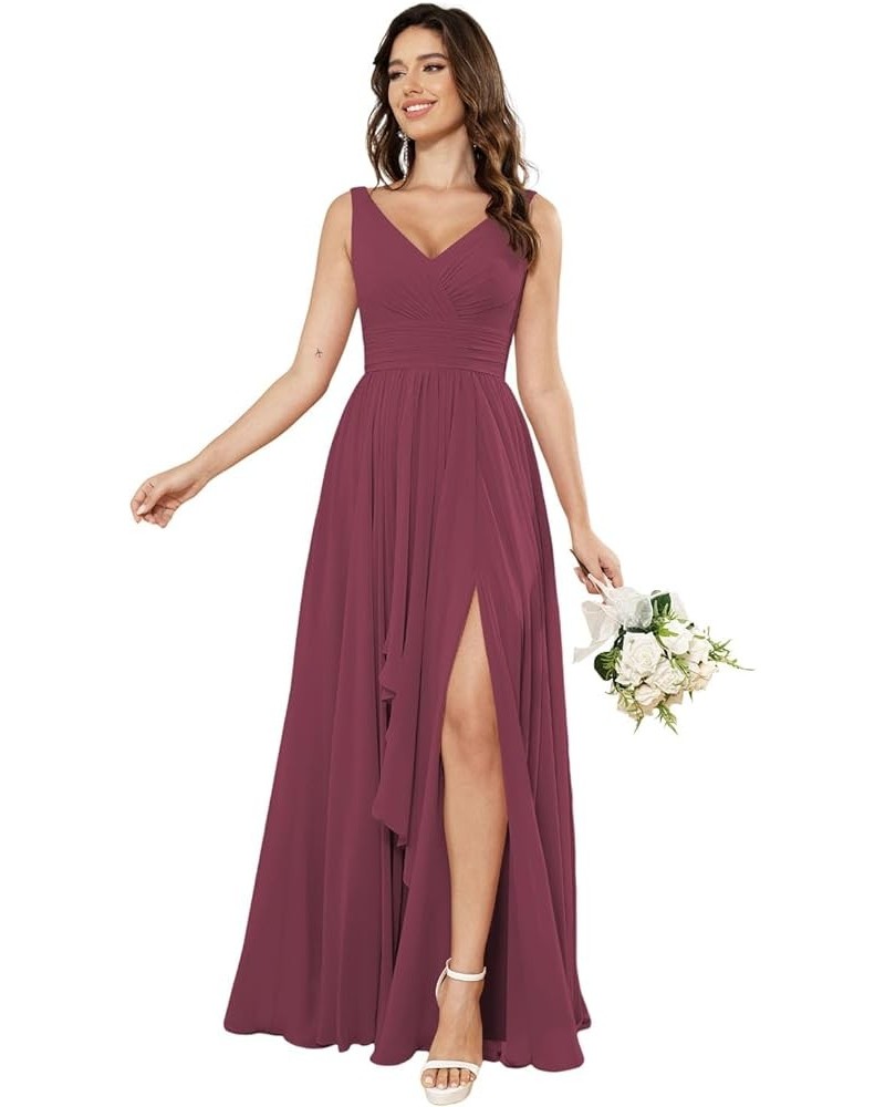 Women's V-Neck Bridesmaid Dresses with Slit Long Chiffon Ruffle Formal Party Dresses with Pleated XOD110 Mulberry $31.20 Dresses