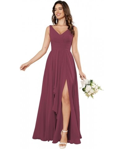 Women's V-Neck Bridesmaid Dresses with Slit Long Chiffon Ruffle Formal Party Dresses with Pleated XOD110 Mulberry $31.20 Dresses