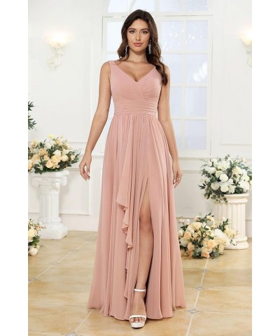 Women's V-Neck Bridesmaid Dresses with Slit Long Chiffon Ruffle Formal Party Dresses with Pleated XOD110 Mulberry $31.20 Dresses